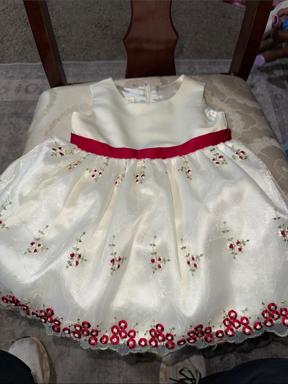 American Princess Cream Dress with Red Floral Embroidery and Red Waistband